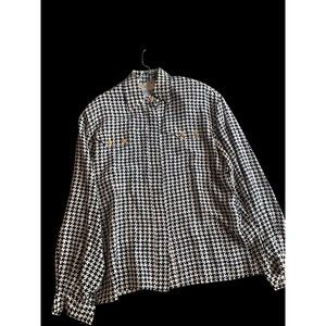 Vintage 100% Pure Silk Long Sleeve Shirt Black White Shoulder Pads Size 10